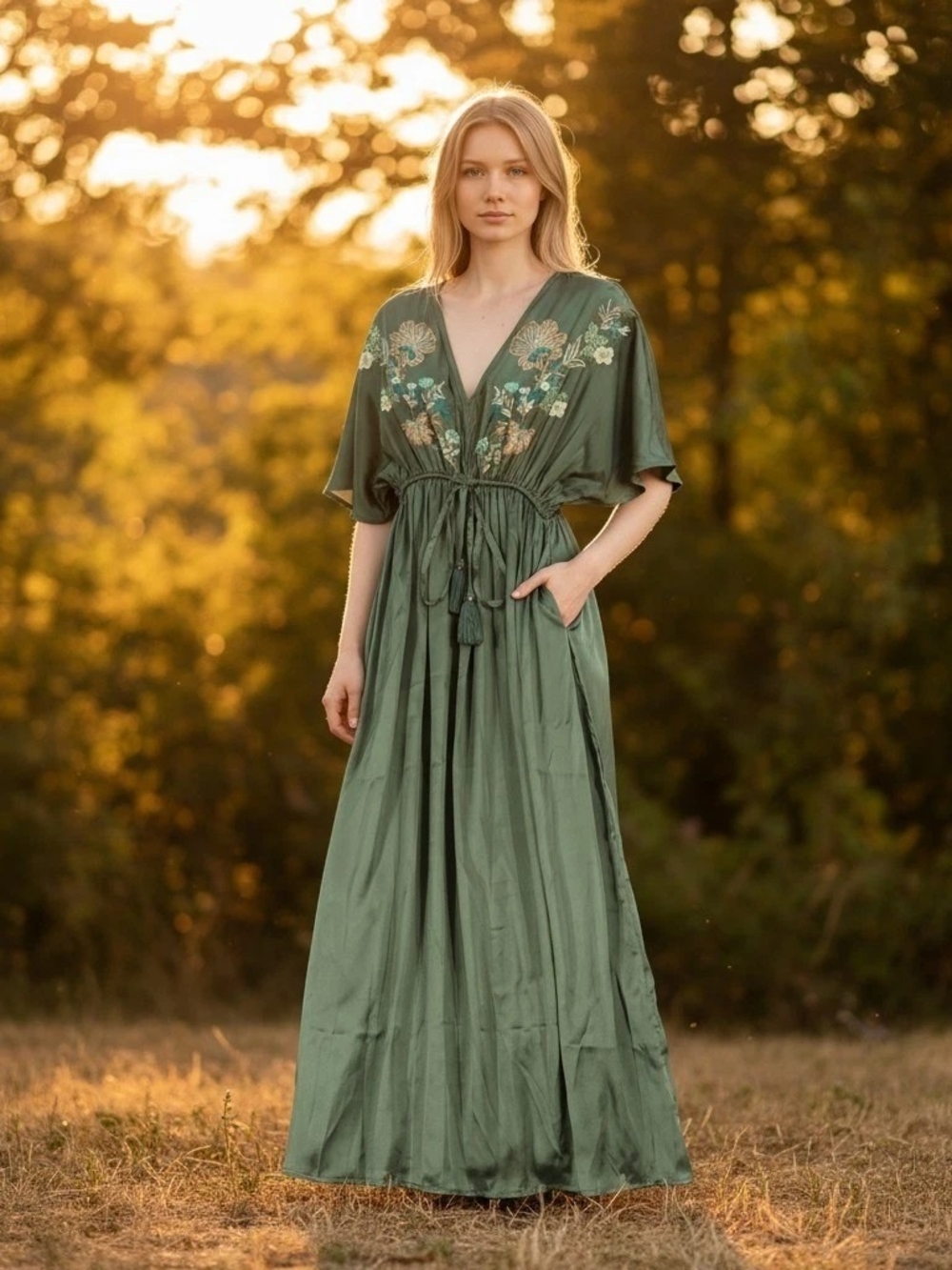 New With Tags Olive Green Embroidered V-Neck Maxi Dress